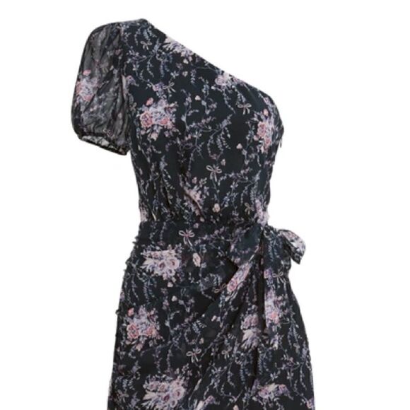 Loveshackfancy Peyton Dress Navy Cosmos One Shoulder Size S 100% Silk Floral - Picture 10 of 10